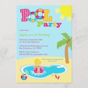 Cute pool party girls birthday party invitation