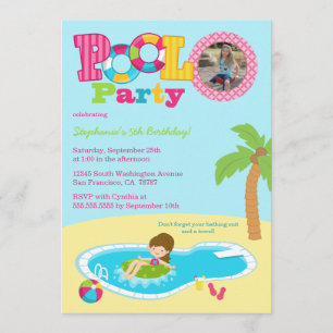 Cute pool party girls photo birthday party invite
