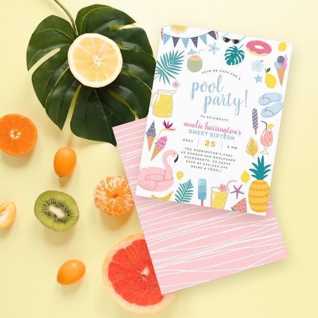 Cute Pool Party Sweet Sixteen Birthday Party Invitation Postcard (Creator Uploaded)