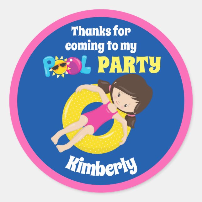 Cute Pool Party Swimming Birthday Girl Custom Classic Round Sticker (Front)