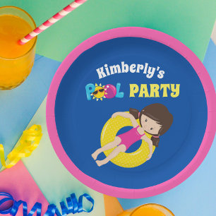 Cute Pool Party Swimming Birthday Girl Custom Paper Plate