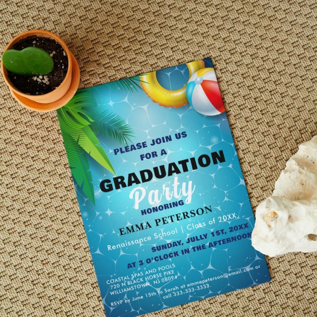 Cute Pool Party, Swimming Graduation gift black Invitation (Creator Uploaded)