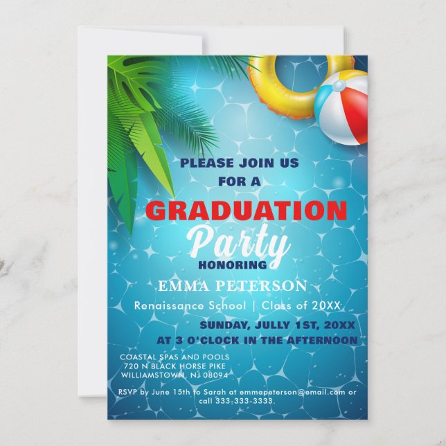 Cute Pool Party, Swimming Graduation gift red Invitation (Front)