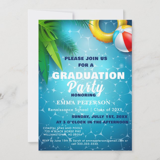 Cute Pool Party, Swimming Graduation gift White Invitation (Front)