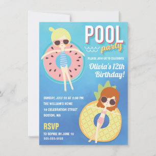 Cute Pool Party Watercolor Girl Birthday Invitation