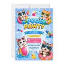 Cute Pool Pawty Cat Kids Birthday Invitation