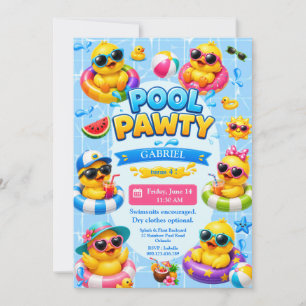 Cute Pool Pawty Duck Kids Birthday Invitation