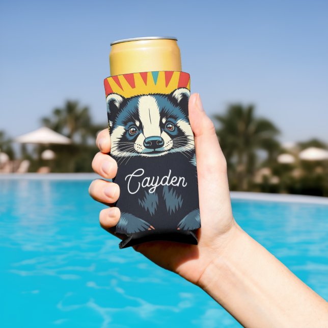 Cute Pop Art Badger Personalised Seltzer Can Cooler (In Situ Pool)