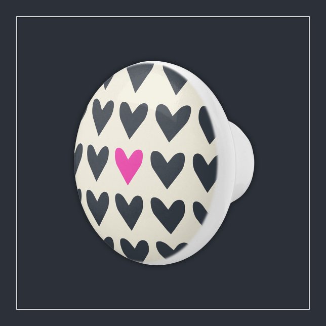 Cute Pop Art Hearts in Mod Dark Grey and Hot Pink Ceramic Knob (Creator Uploaded)
