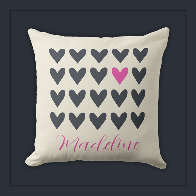 Cute Pop Art Hearts in Mod Dark Grey and Hot Pink Cushion (Creator Uploaded)