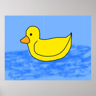 Cute Popcorn Anime Yellow Ducky Blue Waves Poster