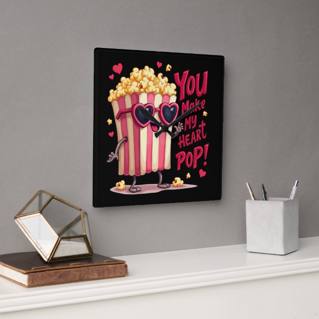 Cute Popcorn Valentine You Make My Heart Pop! Square Wall Clock (Office)