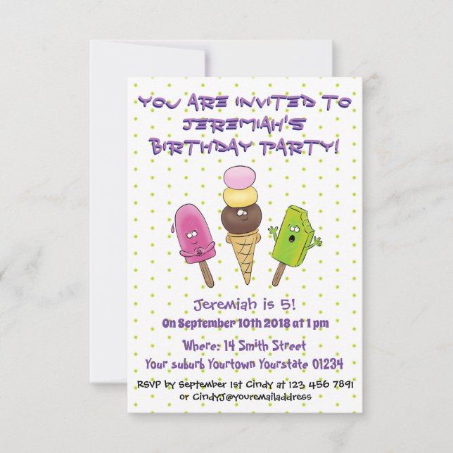 Cute popsicle and icecream cartoon illustration invitation (Front)