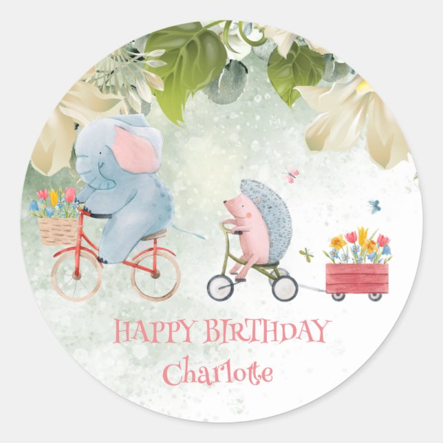 Cute porcupine bike Safari jungle Birthday party Classic Round Sticker (Front)