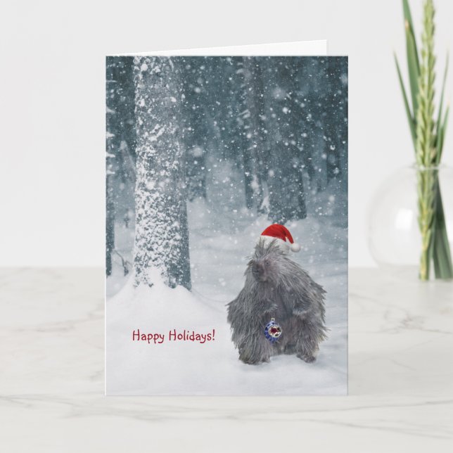 Cute porcupine in a snowy forest holiday card (Front)