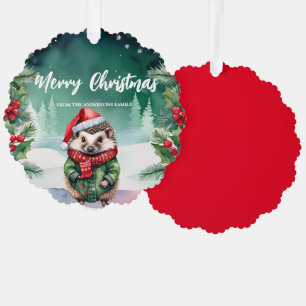 Cute porcupine Santa Xmas Holiday Party Family  Tree Decoration Card