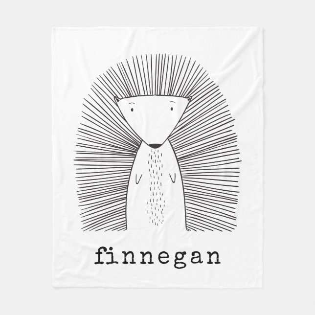 Cute Porcupine Simple Line Drawing Custom Name Fleece Blanket (Front)
