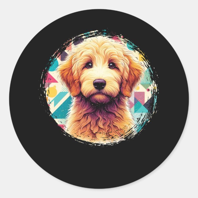 Cute Portrait Goldendoodle Dog on Golden Doodle Lo Classic Round Sticker (Front)
