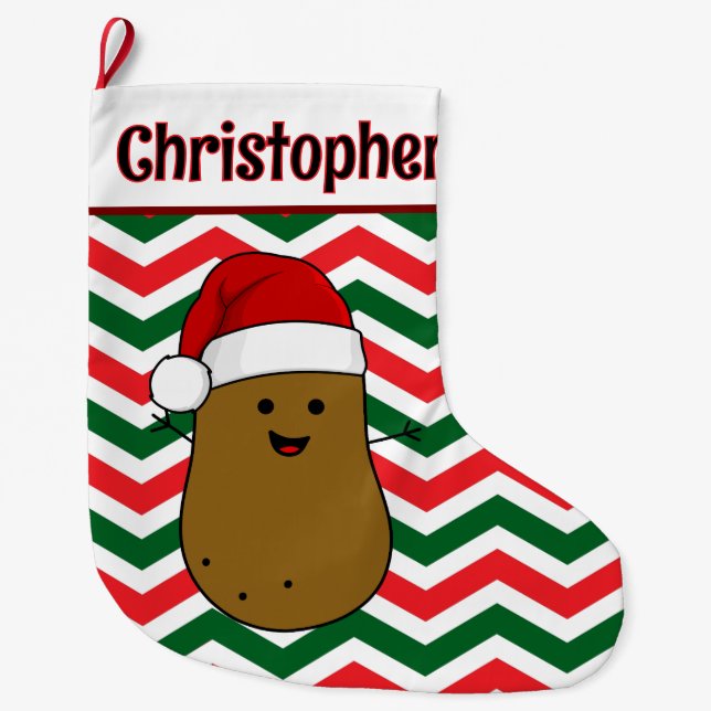 Cute Potato Chevron Pattern Custom Message Large Christmas Stocking (Front)