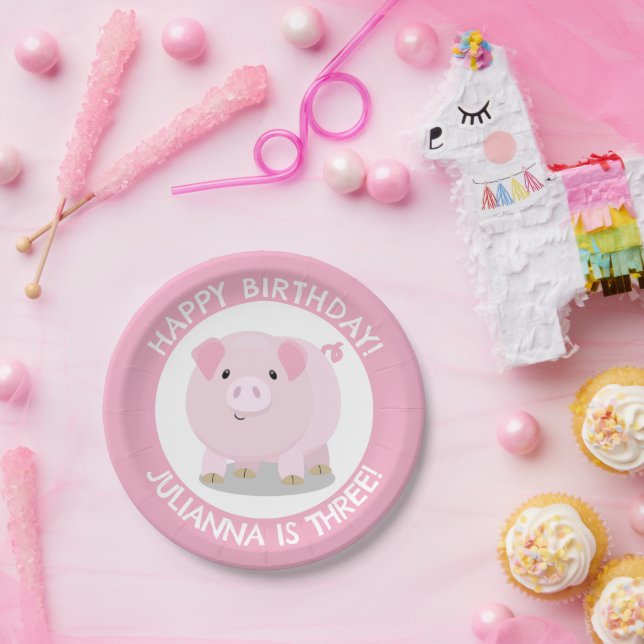 Cute potbelly pig cartoon personalised birthday paper plate (Party)