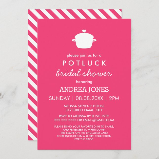 Cute Potluck Bridal Shower | Hot Pink White Invitation (Front/Back)