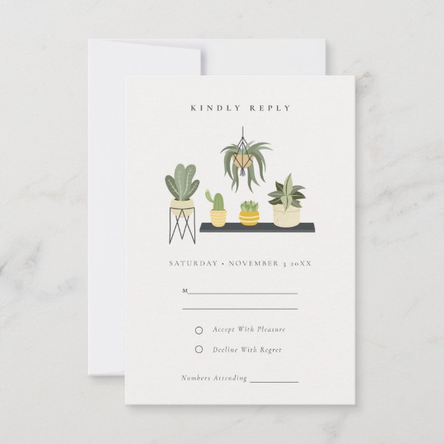 Cute Potted Leafy Succulent Plants Wedding RSVP (Front)