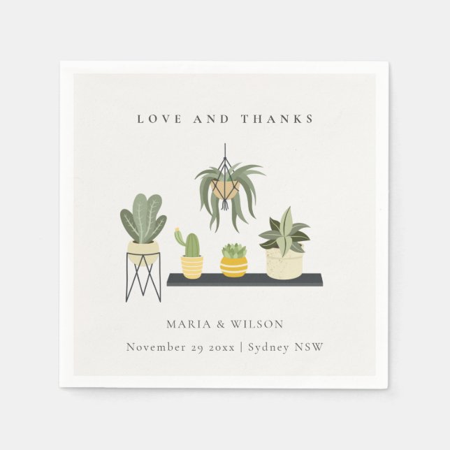 Cute Potted Leafy Succulent Plants Wedding Thanks Napkin (Front)