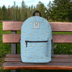 Cute Powder Blue Cats Pattern with Monogram Printed Backpack