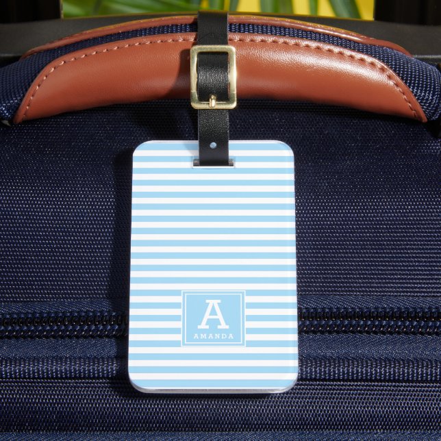 Cute Powder Blue Stripes Monogrammed Initials Luggage Tag (Front Insitu 2)