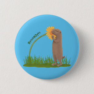 Cute prairie dog sniffing flower cartoon 6 cm round badge