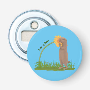 Cute prairie dog sniffing flower cartoon bottle opener
