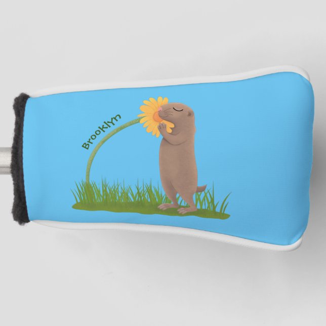 Cute prairie dog sniffing flower cartoon golf head cover (Front)