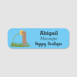 Cute prairie dog sniffing flower cartoon name tag