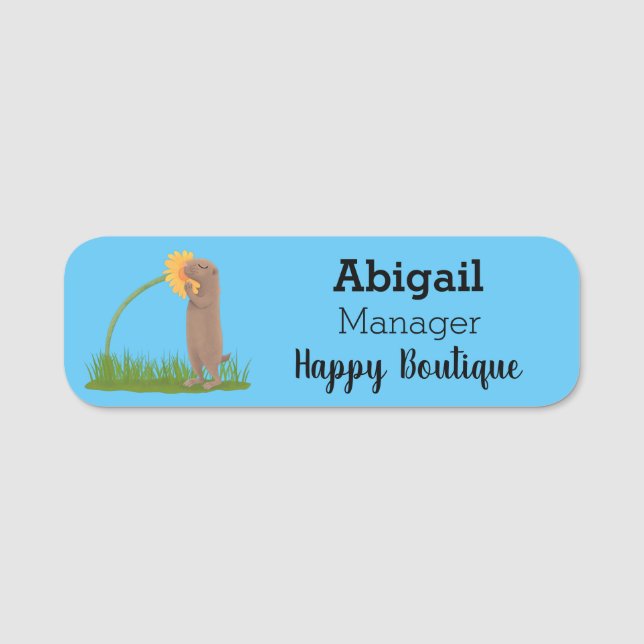 Cute prairie dog sniffing flower cartoon name tag (Front)