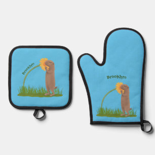 Cute prairie dog sniffing flower cartoon oven mitt & pot holder set