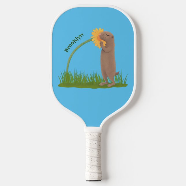 Cute prairie dog sniffing flower cartoon  pickleball paddle (Front)