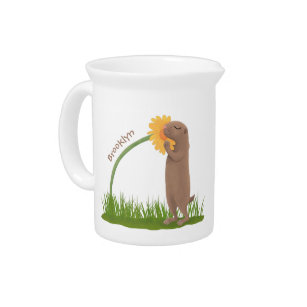 Cute prairie dog sniffing flower cartoon pitcher