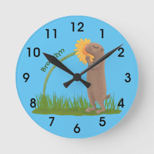 Cute prairie dog sniffing flower cartoon round clock