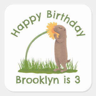 Cute prairie dog sniffing flower cartoon square sticker