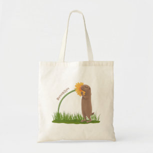 Cute prairie dog sniffing flower cartoon tote bag