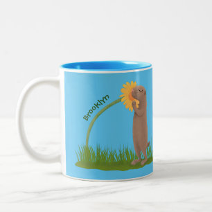 Cute prairie dog sniffing flower cartoon Two-Tone coffee mug