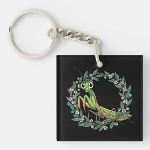 Cute Praying Mantis And Mountain Laurel Blossom Key Ring