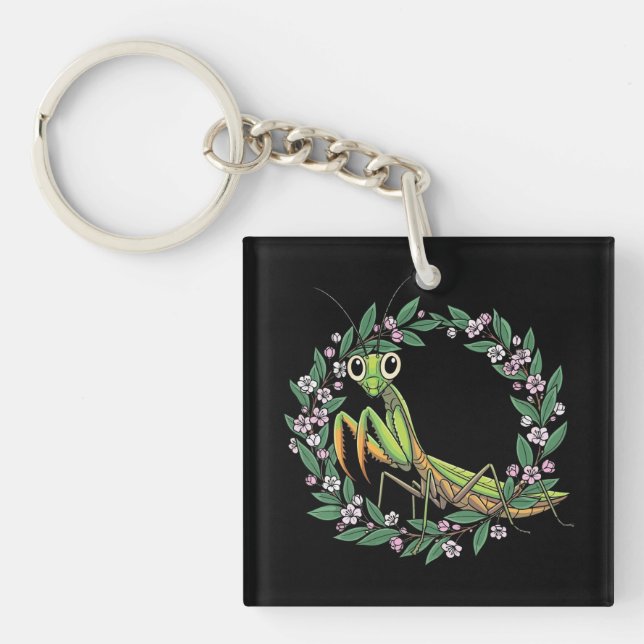 Cute Praying Mantis And Mountain Laurel Blossom Key Ring (Front)