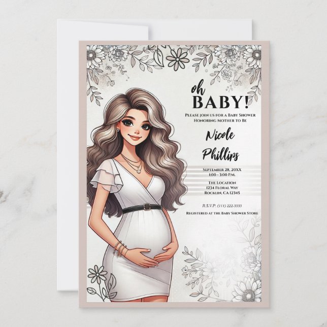 Cute Pregnant Girl Wavy Hair Floral Oh Baby Shower Invitation (Front)