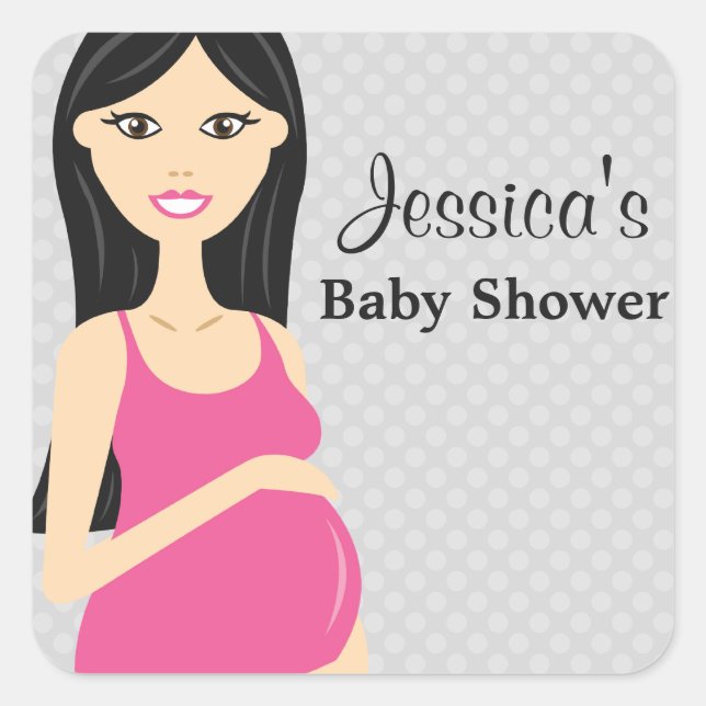 Cute Pregnant Woman In Pink Dress Baby Shower Square Sticker (Front)