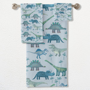 Cute Prehistoric Blue Dinosaur Pattern Bath Towel Set