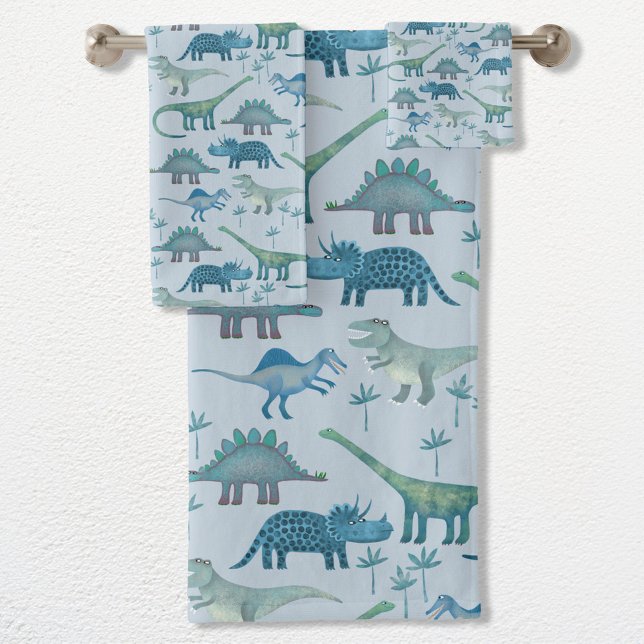 Cute Prehistoric Blue Dinosaur Pattern Bath Towel Set (Fun prehistoric dinosaur pattern towel set for paleontologists of all ages)