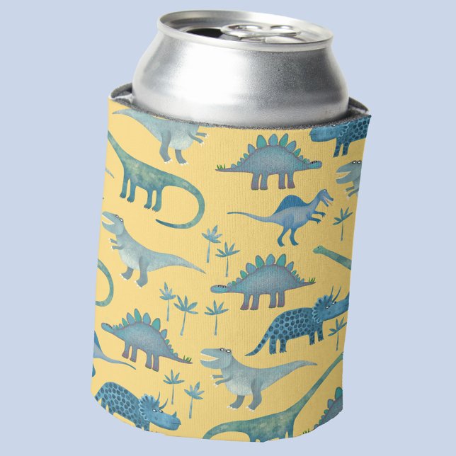 Cute Prehistoric Dinosaur Pattern Yellow Can Cooler (Fun dinosaur pattern can cooler)