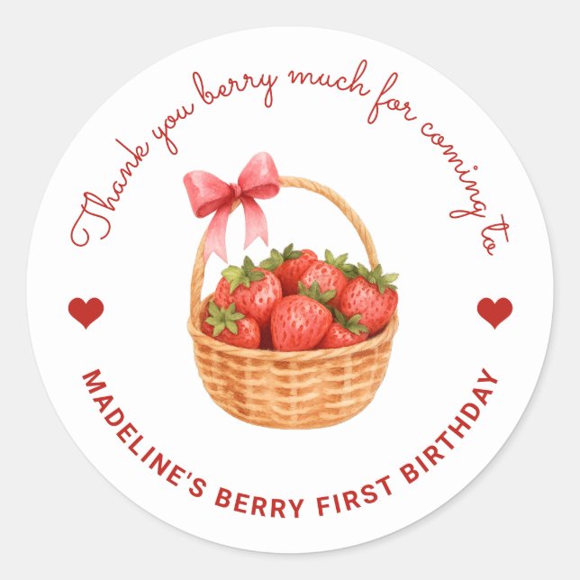 Cute Preppy Berry First Birthday Strawberry Favor Classic Round Sticker (Front)