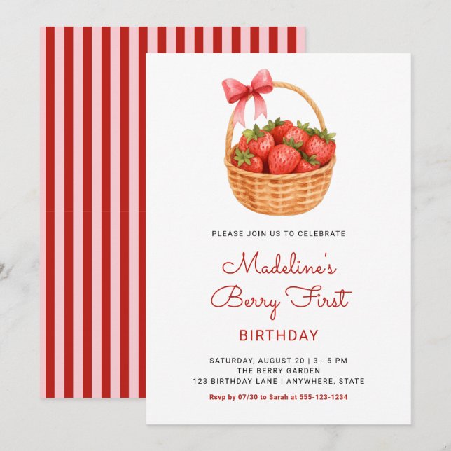 Cute Preppy Berry First Strawberry Birthday Invitation (Front/Back)
